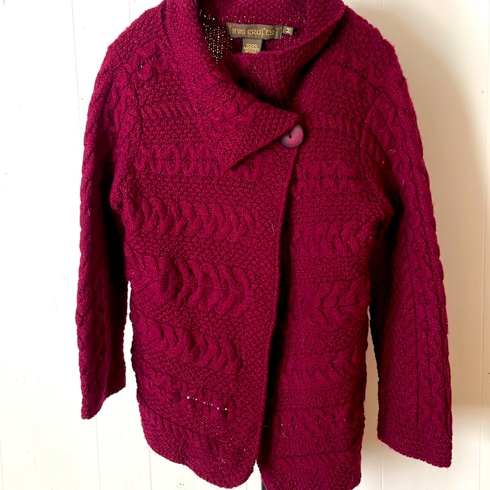 Vintage Inis Crafts Irish Merino Wool Cardigan Sweater Burgundy Medium Handcraft